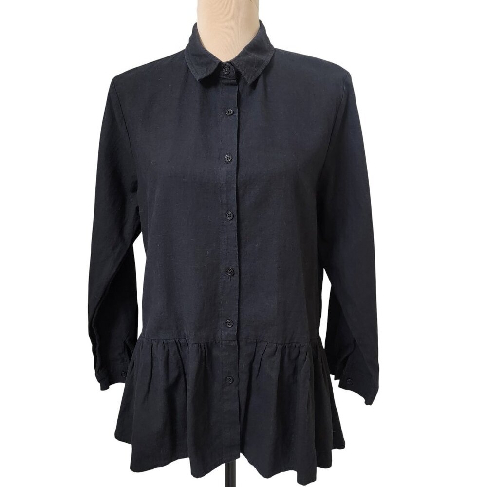 Mordenmiss Size L Black Linen Button Down Long Sleeve Pleated Babydoll Tunic